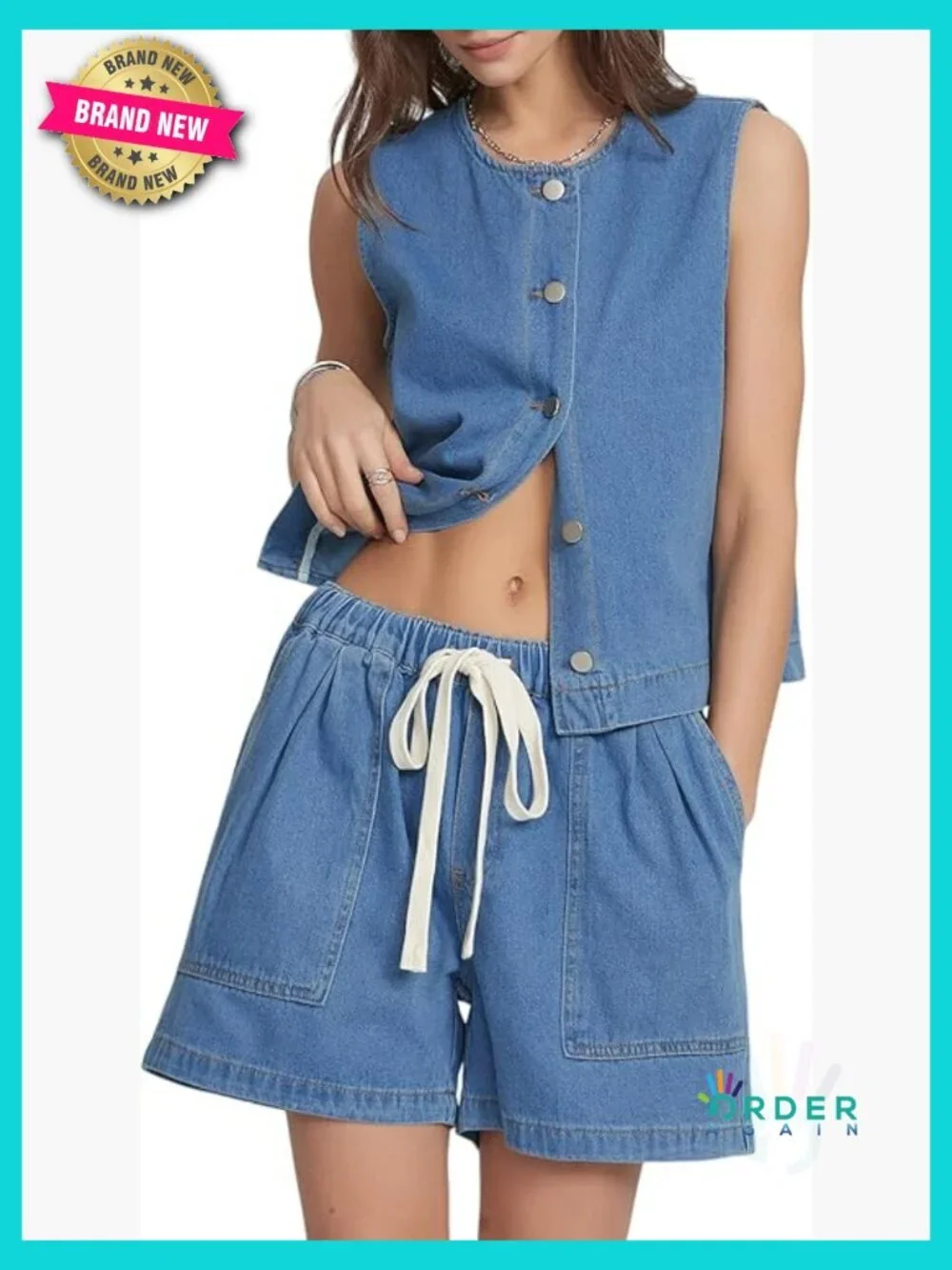 Sleeveless Denim Vest & Baggy Shorts Matching Set Y2K Summer Casual